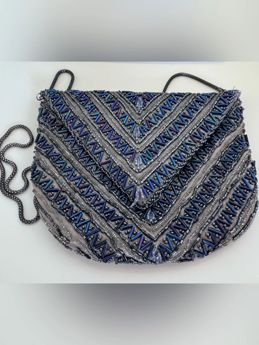 Vintage La Regale Beaded Evening Bag Gray Blue Iridescent Art Deco Cocktail Purs